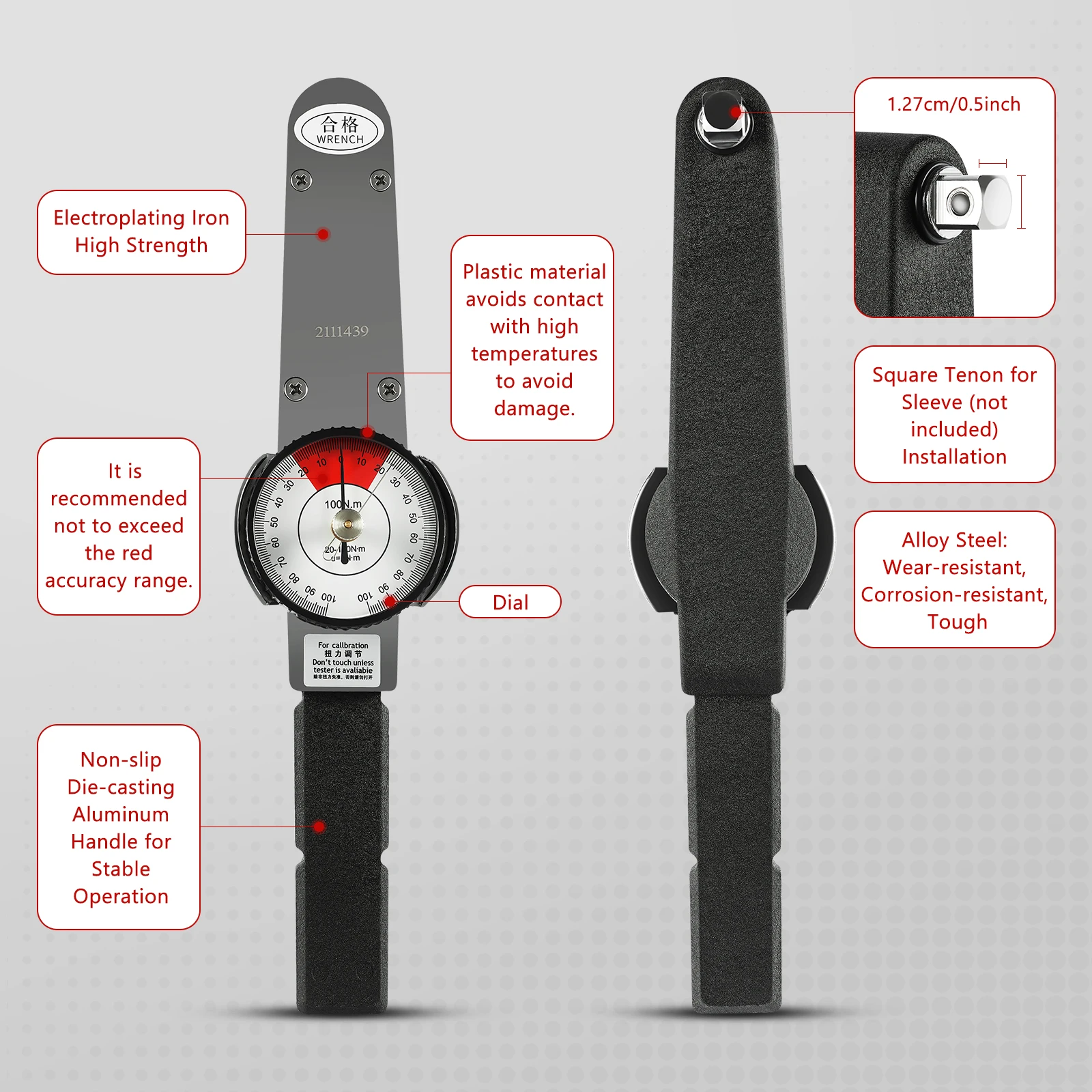 Torque Wrench 0-100 n.m With Storage Box  Dial Torquemeter ± 3% Accuracy Torque Peak Memory Dual Pointer Design