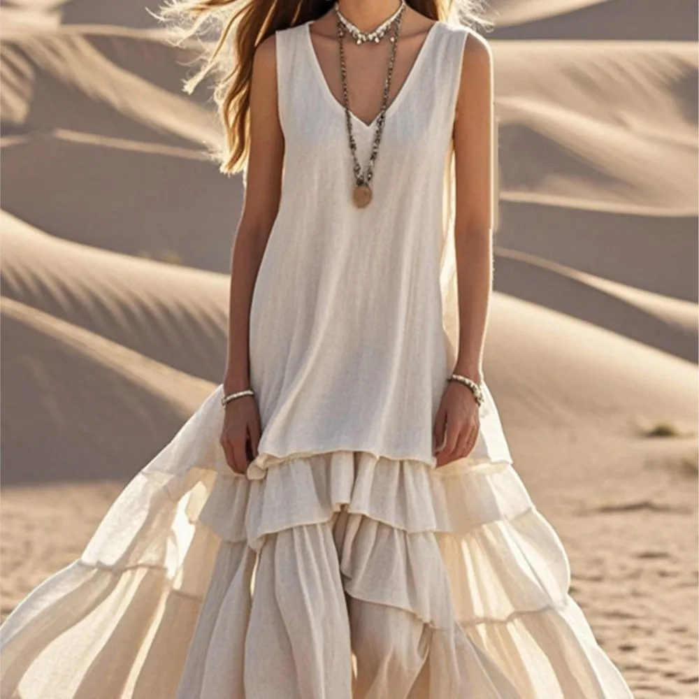 

Retro Casual Daily Solid Color Pleated Long Dress Spring Summer Loose Fashionable V-neck Sleeveless Cotton Linen Beach Dresses
