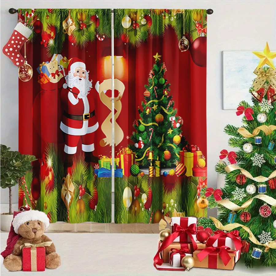 2PCS Red Santa Claus Christmas Print Curtains, Xmas Tree Gift Pine Branch Window Drapes for Holiday Bedroom Living Room Decor