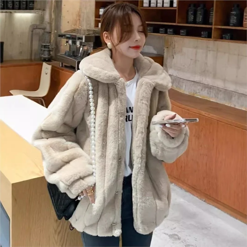 Lapel vertical groove mixed fur coat slit top loose fluffy with drawstring stripes at the for women