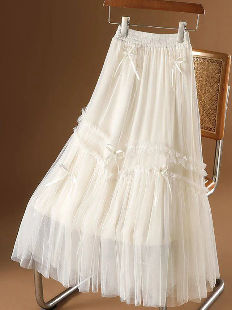 

Элегантная длинная юбка с бантом и сетчатыми вставками, женская свободная юбка с высокой талией, модная корейская повседневная юбка А-силуэта в стиле преппи для весны