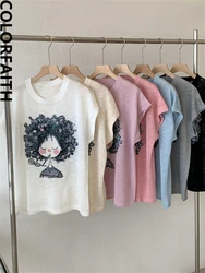 Colorfaith T6142DG nowy 2024, różowy, dzikie, ponadgabarytowe dziewczyny najniższe koreańskie modne eleganckie damskie t-shirty damskie wiosenne letnie topy