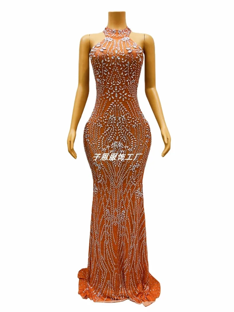 High-end temperament sparkling rhinestone dress reception red carpet party evening dress performance dress floor-length dress