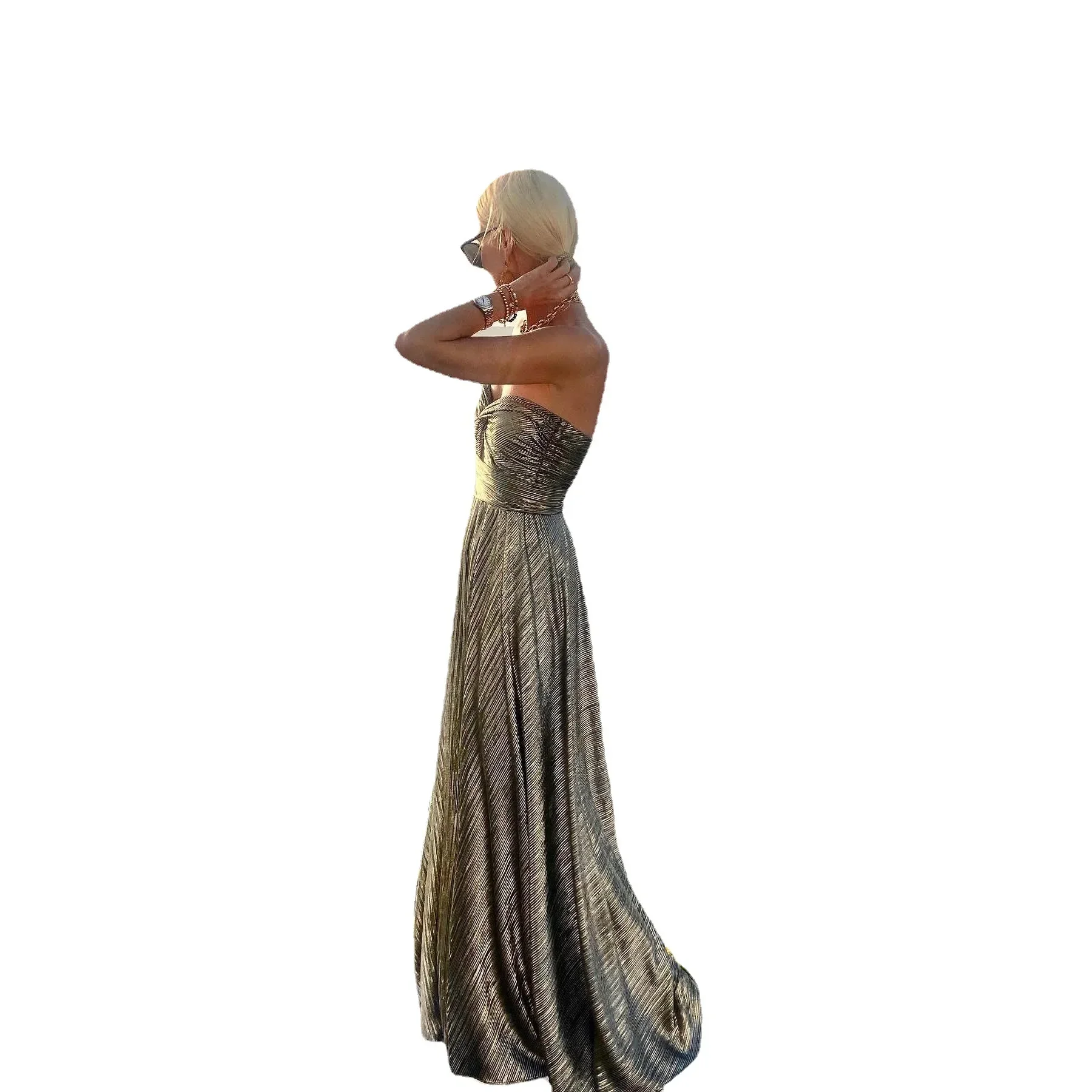 S-XL ขนาดผู้หญิงฤดูใบไม้ผลิฤดูร้อนใหม่หน้าอกห่อและ Gold Stamping Party Dress Casual Flare Dress