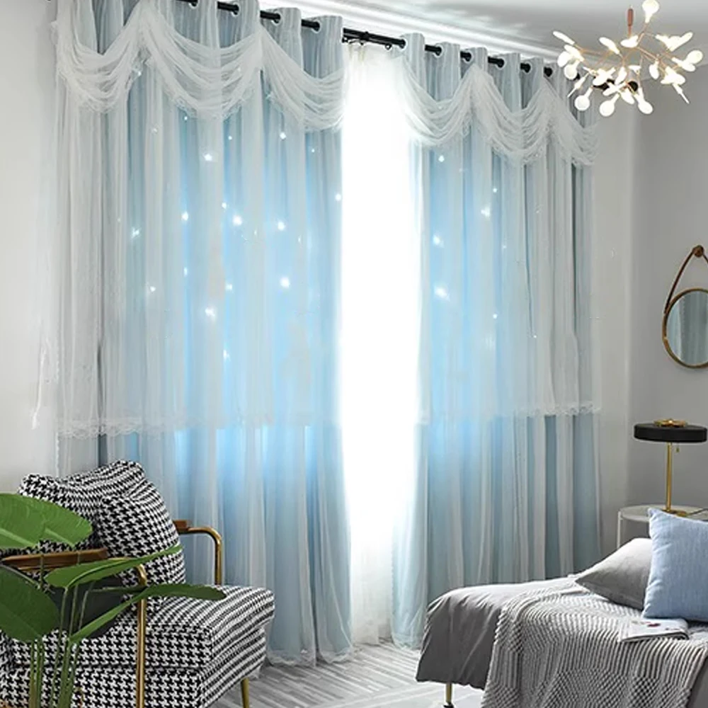 Star Lace Princess Style Hollow Out Three-Layer Sheer Blackout Curtain, Suitable for Bedroom & Kids Room, Dustproof Light Blocki