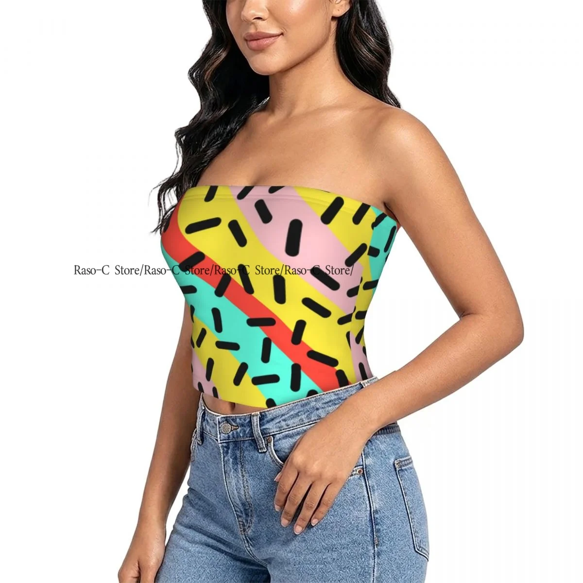 Women strapless blouses sleeveless Retro Geometric Memphis Style halter-neck sexy short-sleeved blouses
