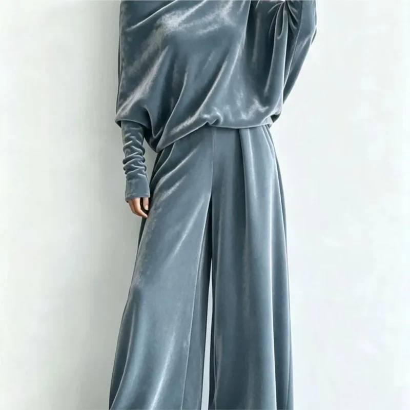 2026 New Women's Autumn/Winter Pants Set Solid Color Diagonal Shoulder Bat Sleeve Fashionable And Comfortable Casual Pants Set