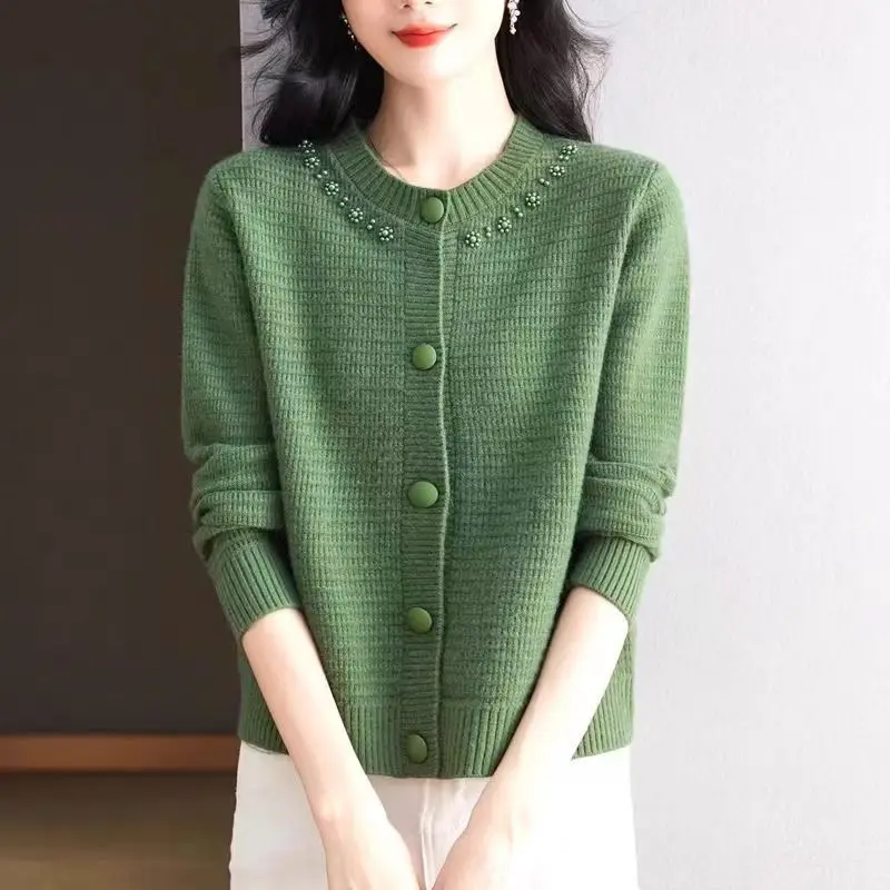 Kardigan Rajut Wanita Kerah O Model Baru, Sweater Pendek Modis, Mantel Rajut Musim Semi Gugur 2025, Kardigan Rajut Kerah O Slim Berhias Manik-Manik