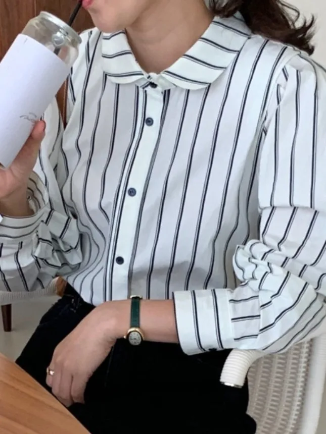 

Retro Striped Long Sve Design Casual Loose Women's irt Coat Turn-down Collar Bubble Sve Regular Length Spring Faion