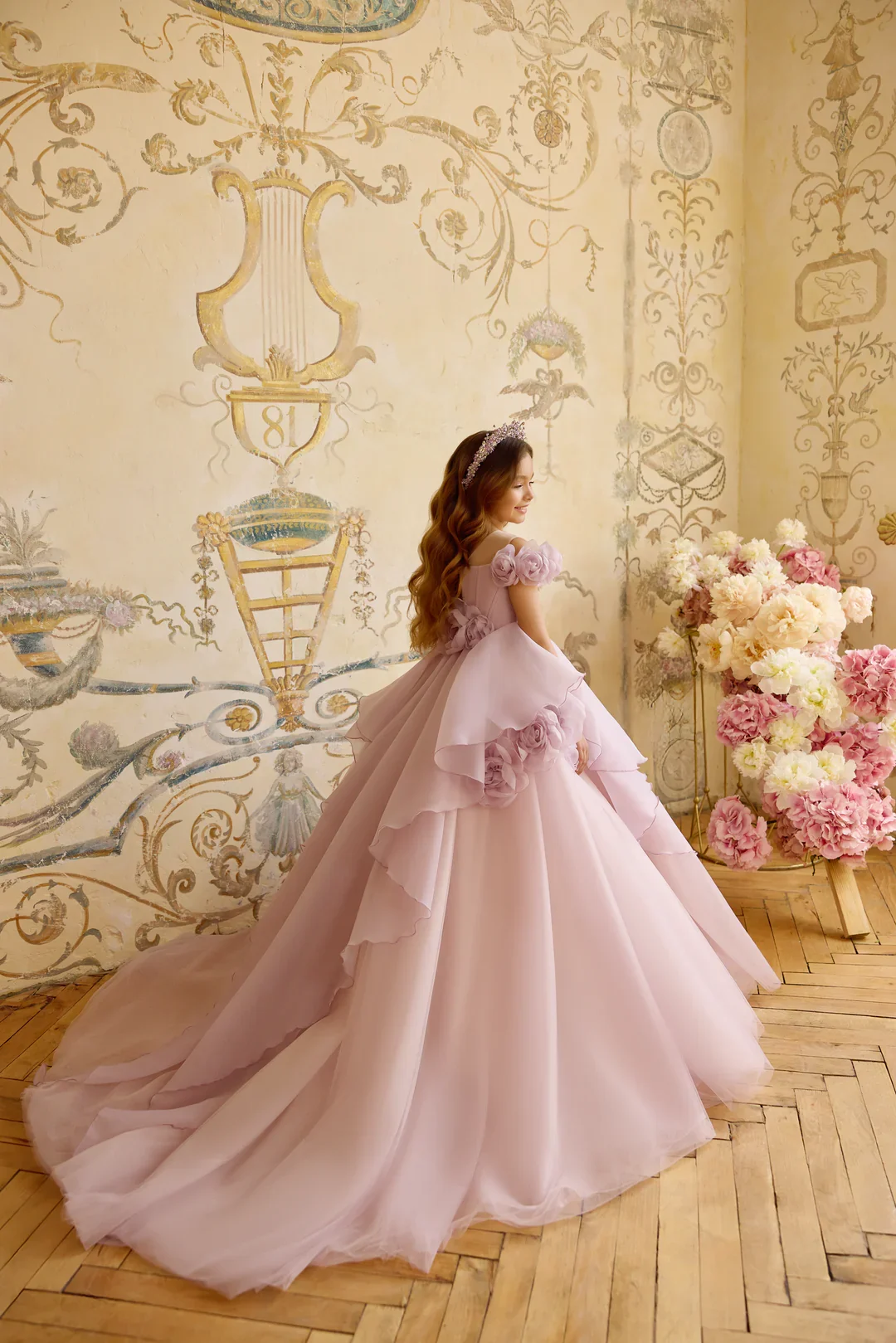 Light luxury pink flower girl dress, off-shoulder 3D flower dress, elegant A-line tutu skirt, weddings and bridesmaid occasions