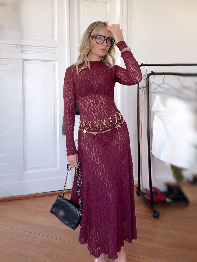 HH Vrouwen Lente Solid Achterrits Party Midi Jurk Vrouwelijke Elegante Lange Mouwen Asymmetrie Kant Decoratie Sexy Avondjurk