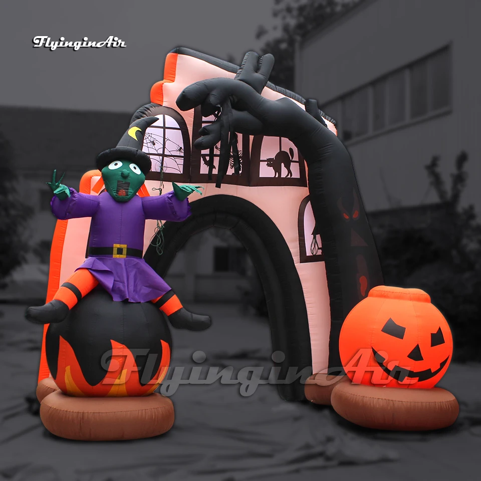 

4m Scary Outdoor Halloween Arch Large Inflatable Haunted House Entrance Gate With Witch And Pumpkin Head For Holiday Decoration