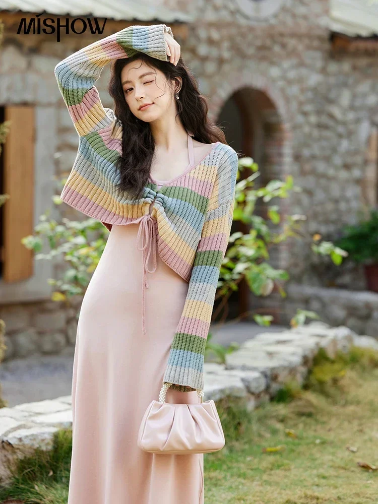 MISHOW Knitted Dress For Women Separately 2025 Spring New Fashion Sweet Vintage Colorful Striped Sweater Slim Dress MXE11L2086