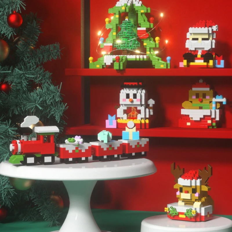 Праздничный декор и игрушка: детский набор микро-строительных блоков с Санта-Клаусом и оленем.