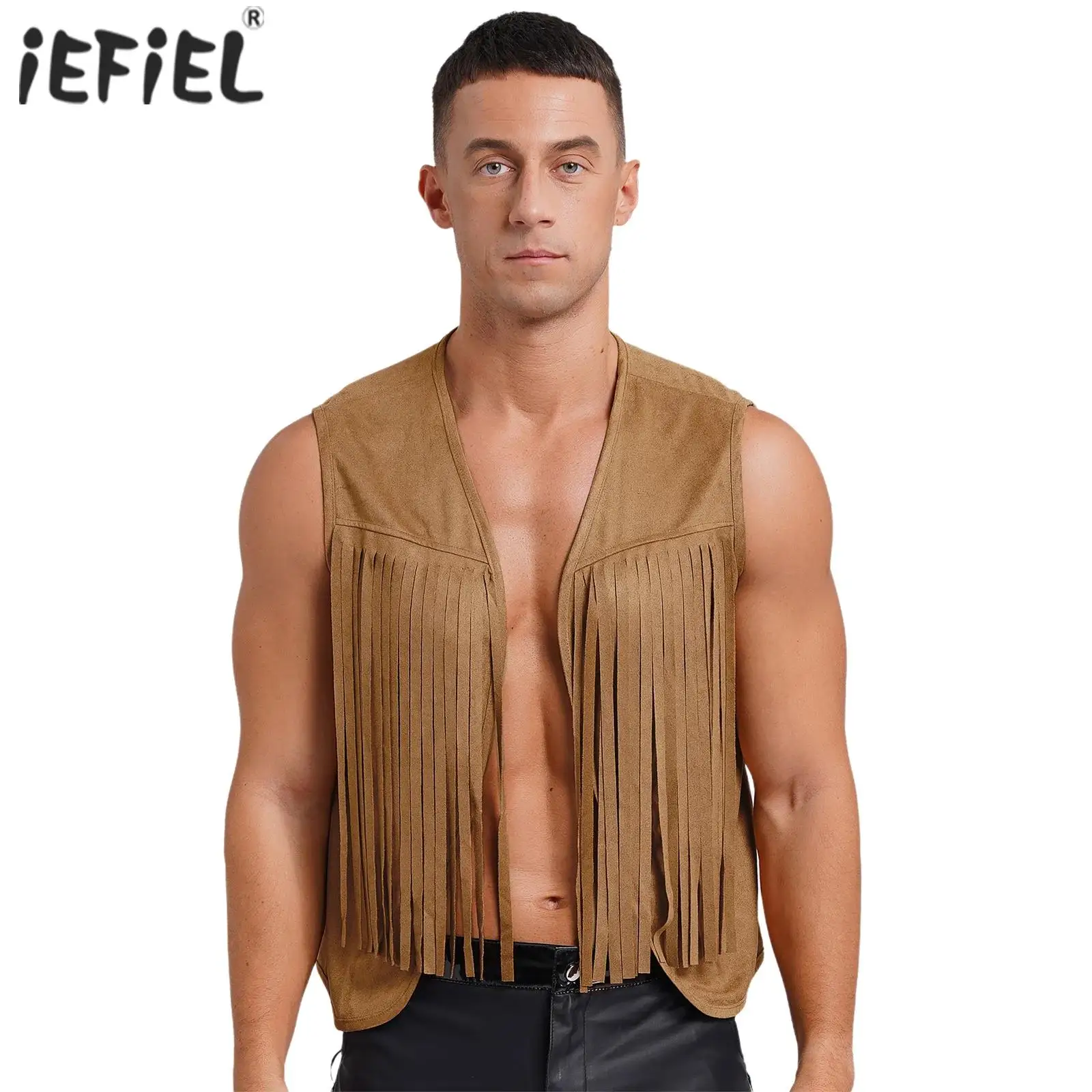 Mens Western Cowboy Costumes Vintage Fringe Hippy Waistcoat Open Front Loose Suede Tank Top Sleeveless Vest Halloween Cosplay