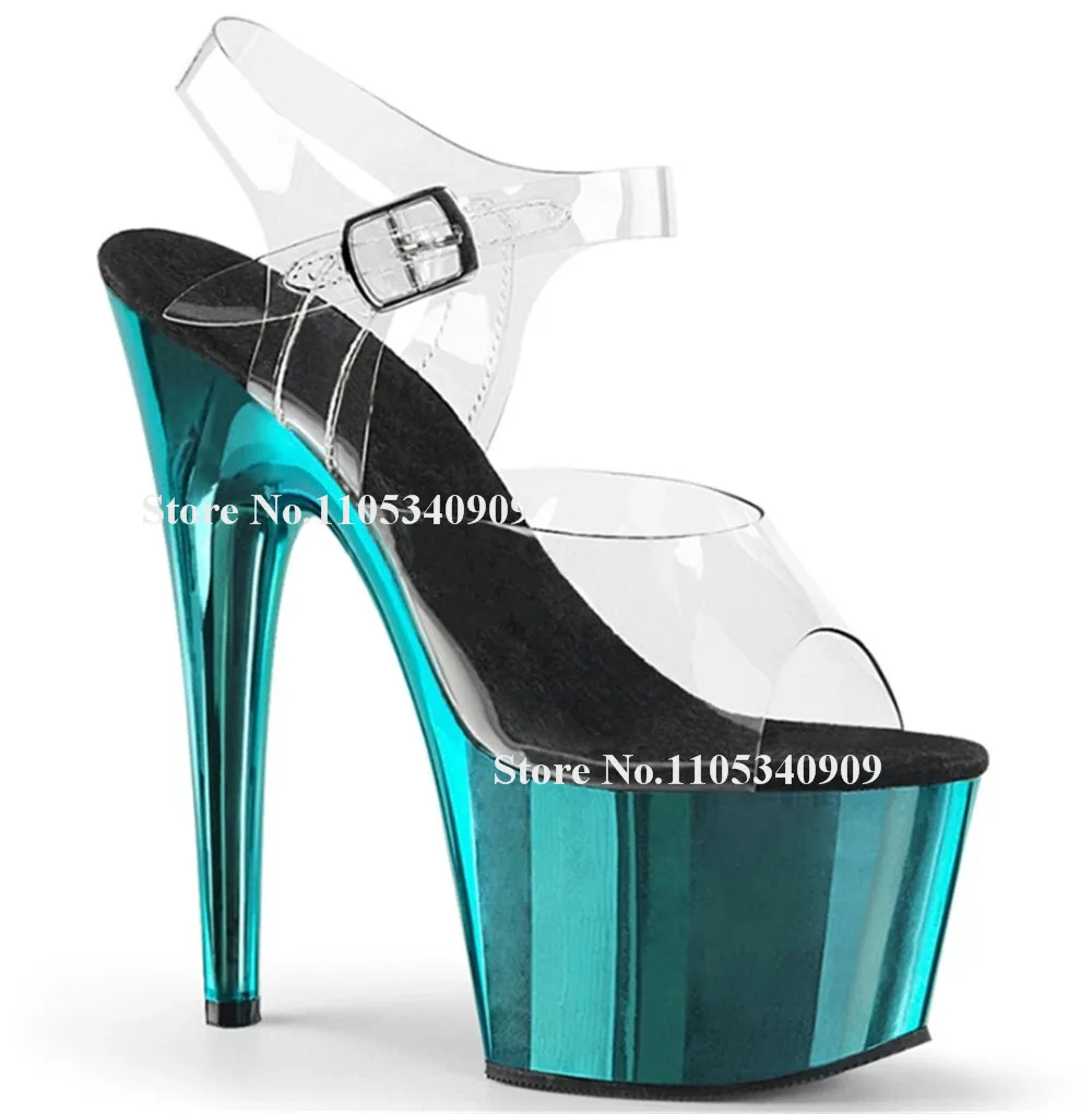 

Bondarenko PVC Patchwork Stiletto Heel Sandals Peep Toe Transparent High Platform Ankle Straps Buckles Thin Heel Stage Shoes