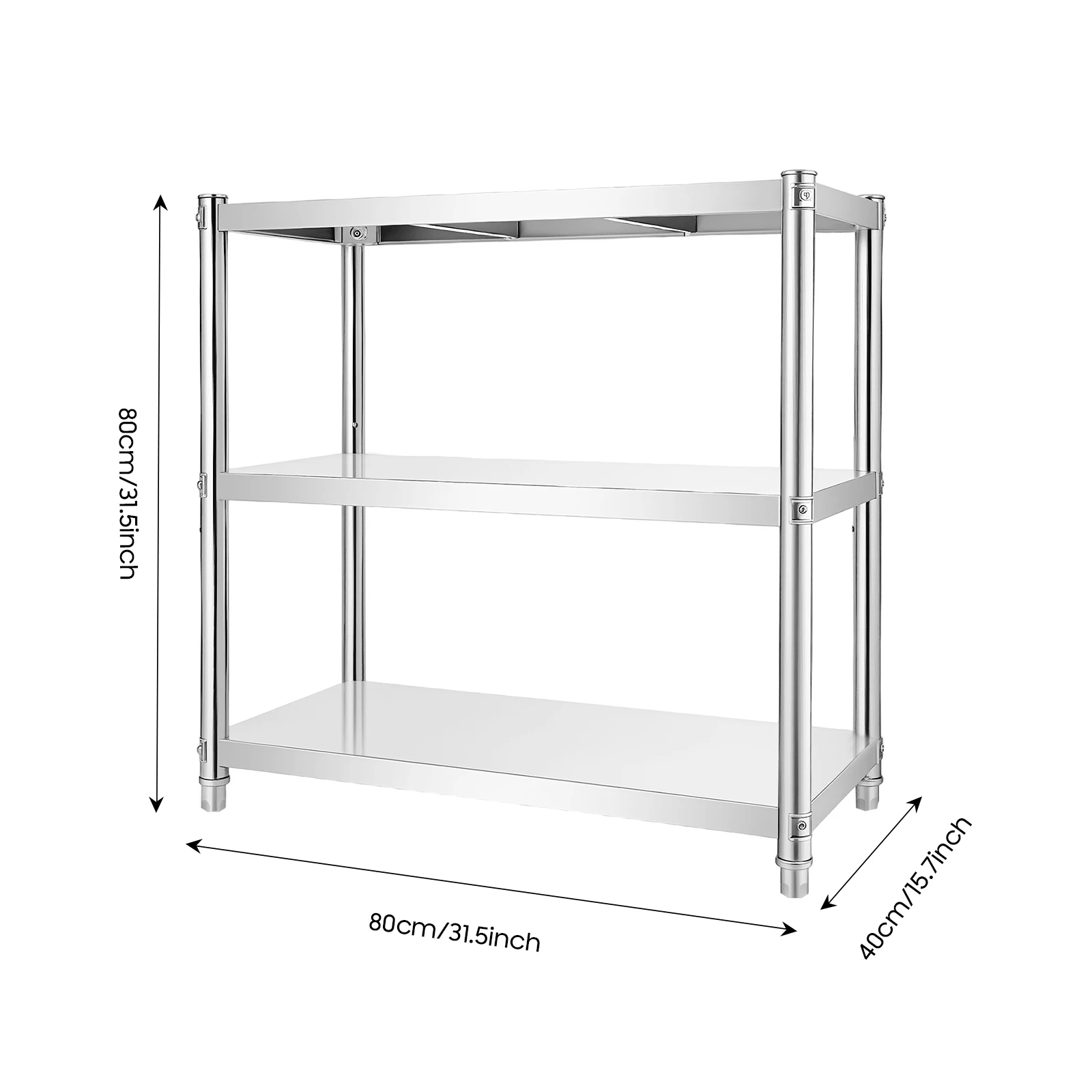 NEUER 3-stufiger Edelstahl-Küchentisch, Küchenregal, Arbeitstisch, 30 kg Tragkraft für Speisekammer, Restaurant, Küche, 80x80x40cm Silber
