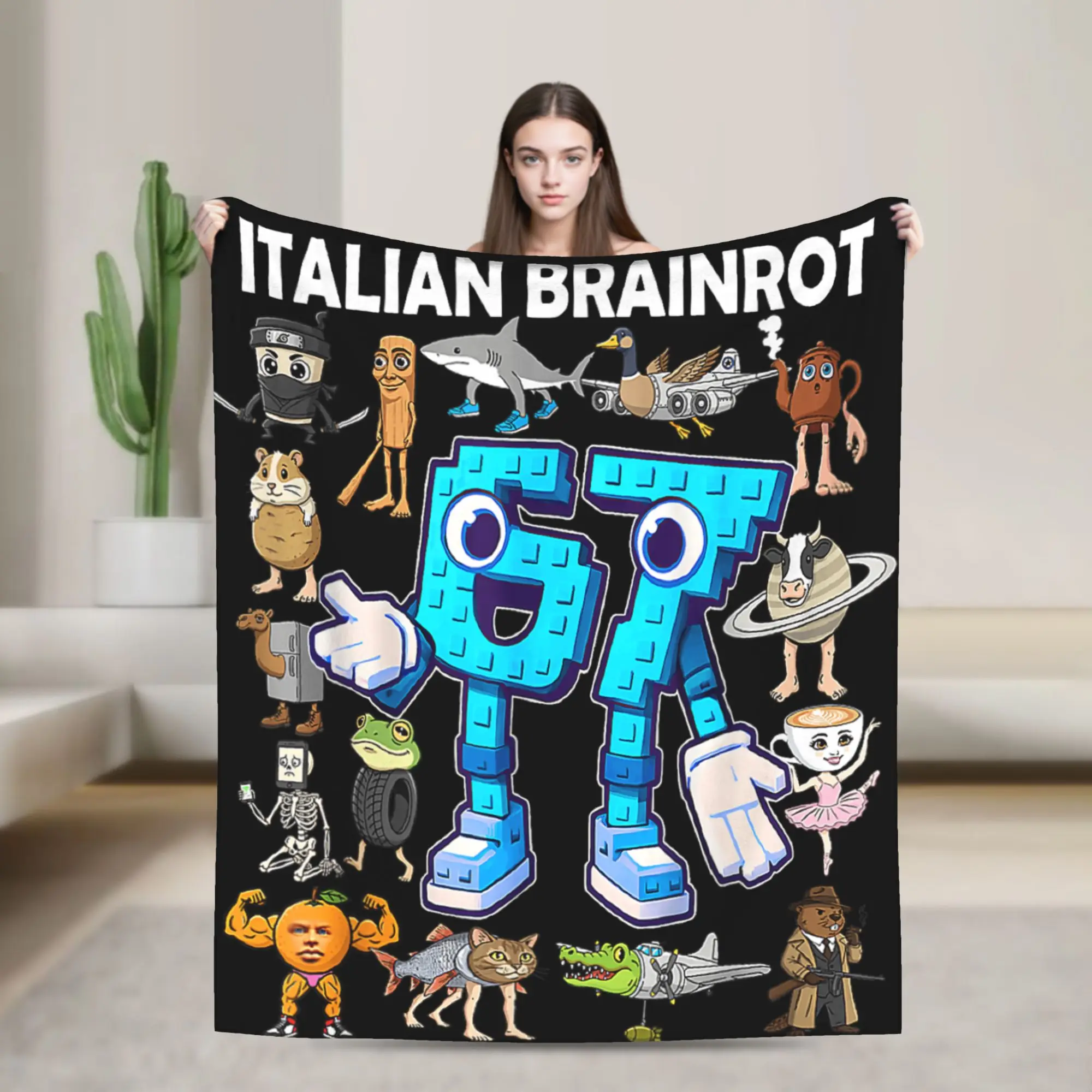 6 7 Manta de franela italiana Brainrot Six Seven Meme, manta duradera para sala de estar, colcha divertida, funda para sofá cama