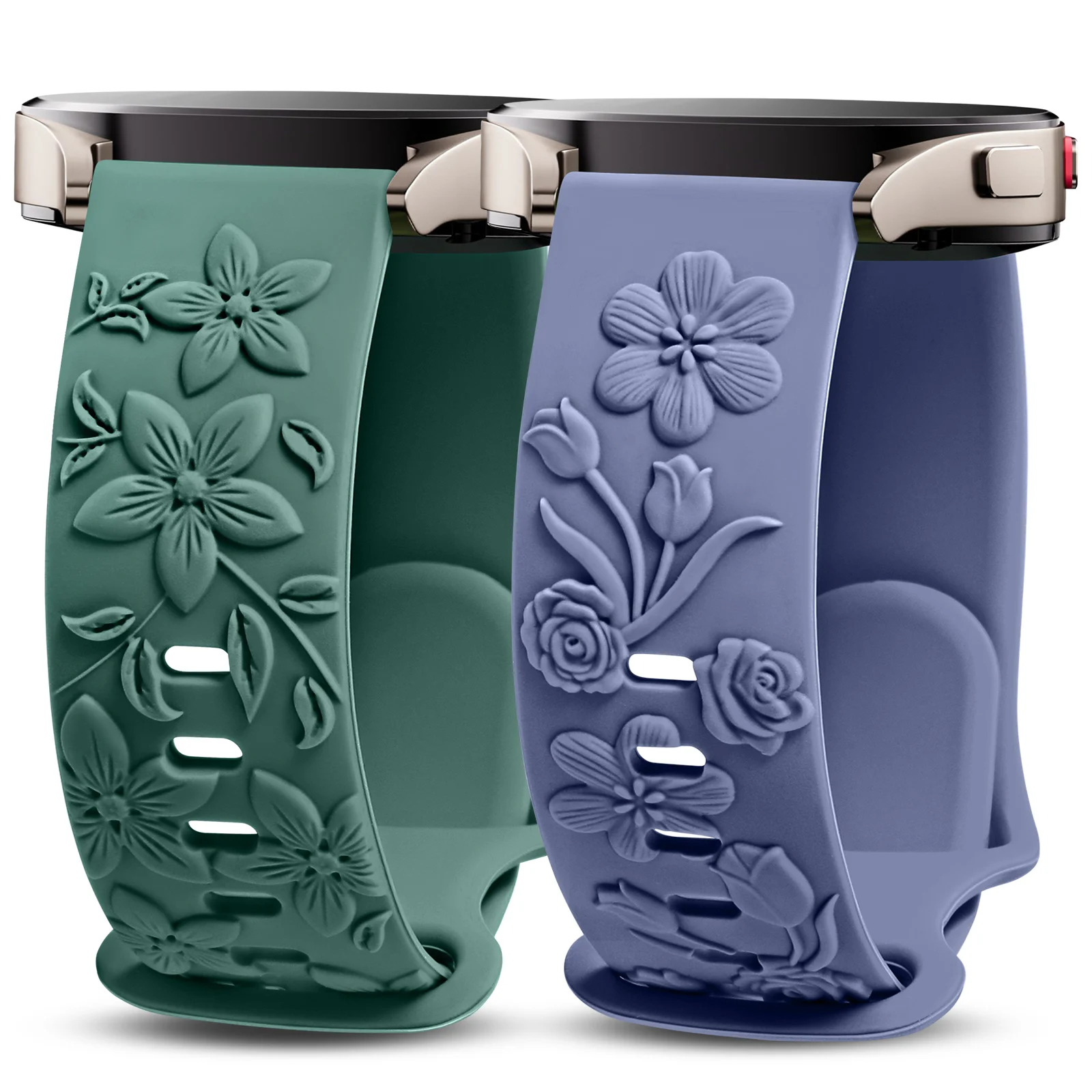 Wearlizer 2 Pack Floral Engraved Band For Samsung Galaxy Watch 7/FE/6/5/4 40mm 20mm Silicone Strap for Samsung Watch 7 41mm 40mm