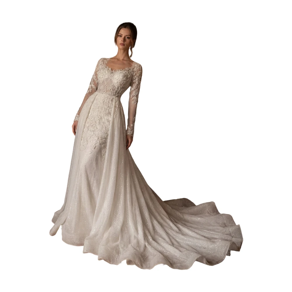 Fashion A Line Wedding Dresses Designer O-neck Appliques Satin Pleats Sleeves Court Gown Bridal Custom Made Robe De Mariée