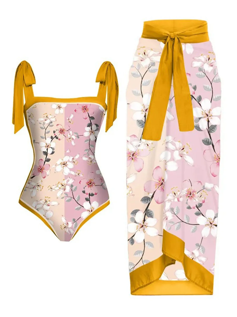 Women Swimwear Floral Swimsuit Two-piece set Summer Print Bodysuit Bikini Set Beach Style Wear Maxi Dress Skirt Beach Dresses