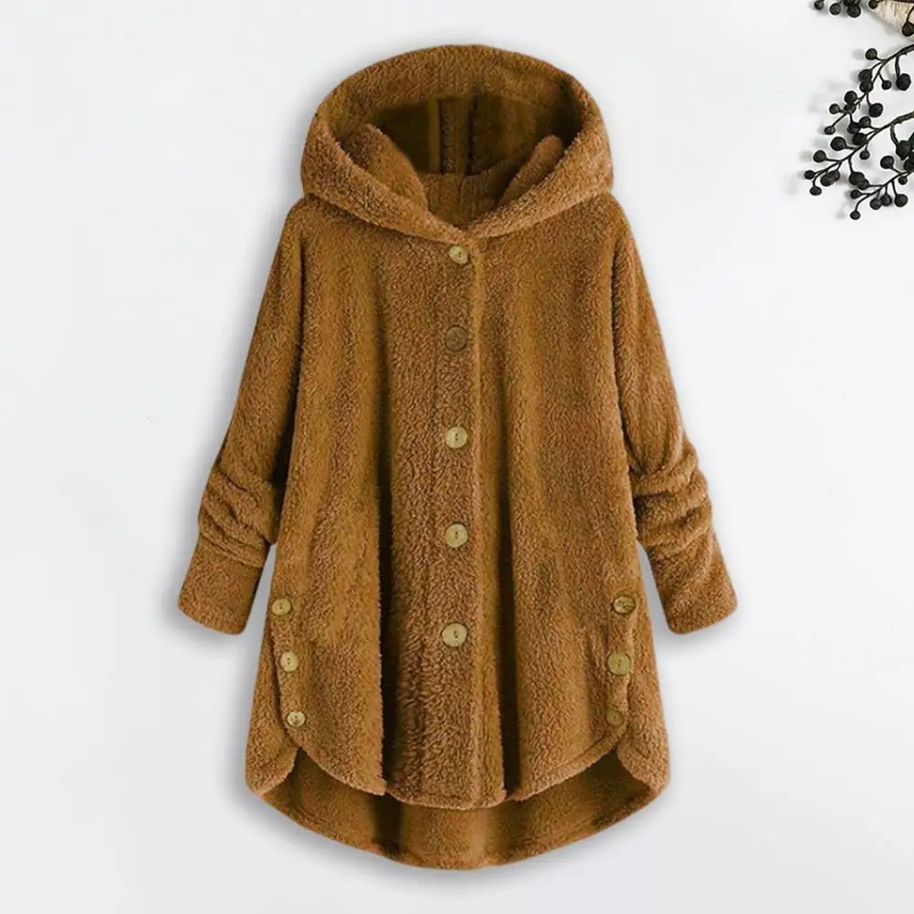 Loose-fitting Women Jacket Stylish Women's Plush Hooded Coat with Side Buttons Pockets Casual Mid-length Jacket for A Chic Look