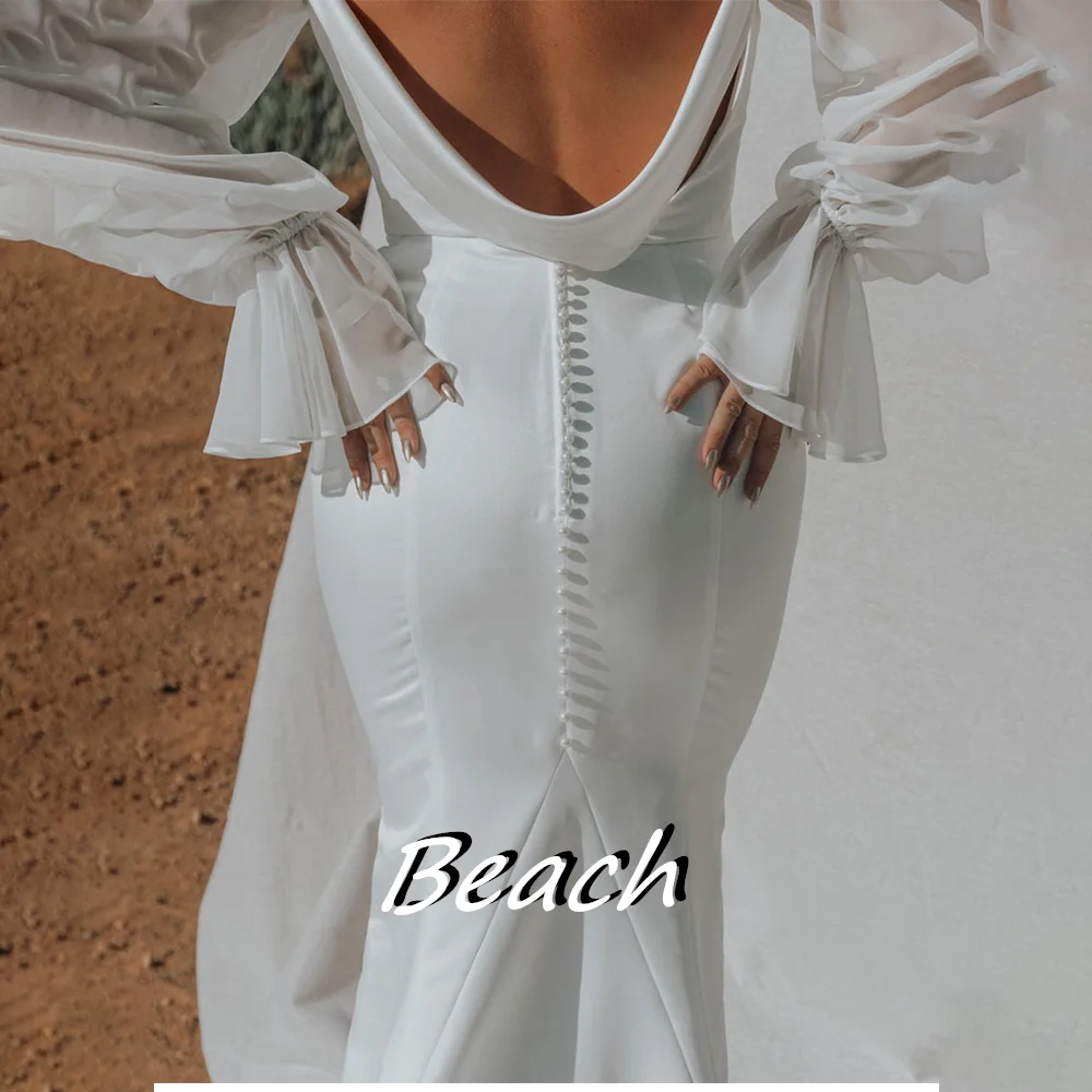 Vestidos de novia de talla grande con cuello en V profundo para la playa, botones para ocasiones, sirena, Color sólido, mangas largas, sin espalda, encantador hasta el suelo