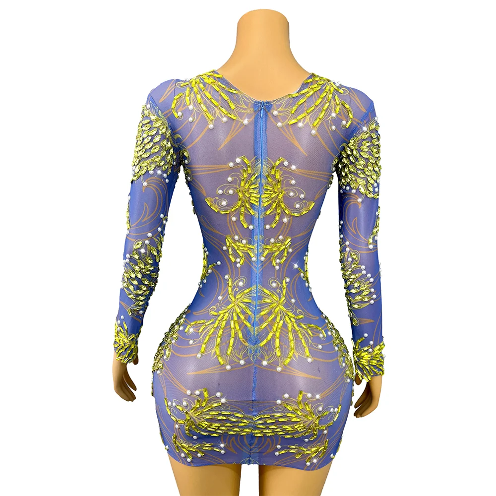 Sukienka na studniówkę z idealną figurą, cyrkoniami, perłami, seksowna, modelująca, z siateczki, damska, na urodziny, na wieczorne wyjście, na pokaz, kostium sceniczny.