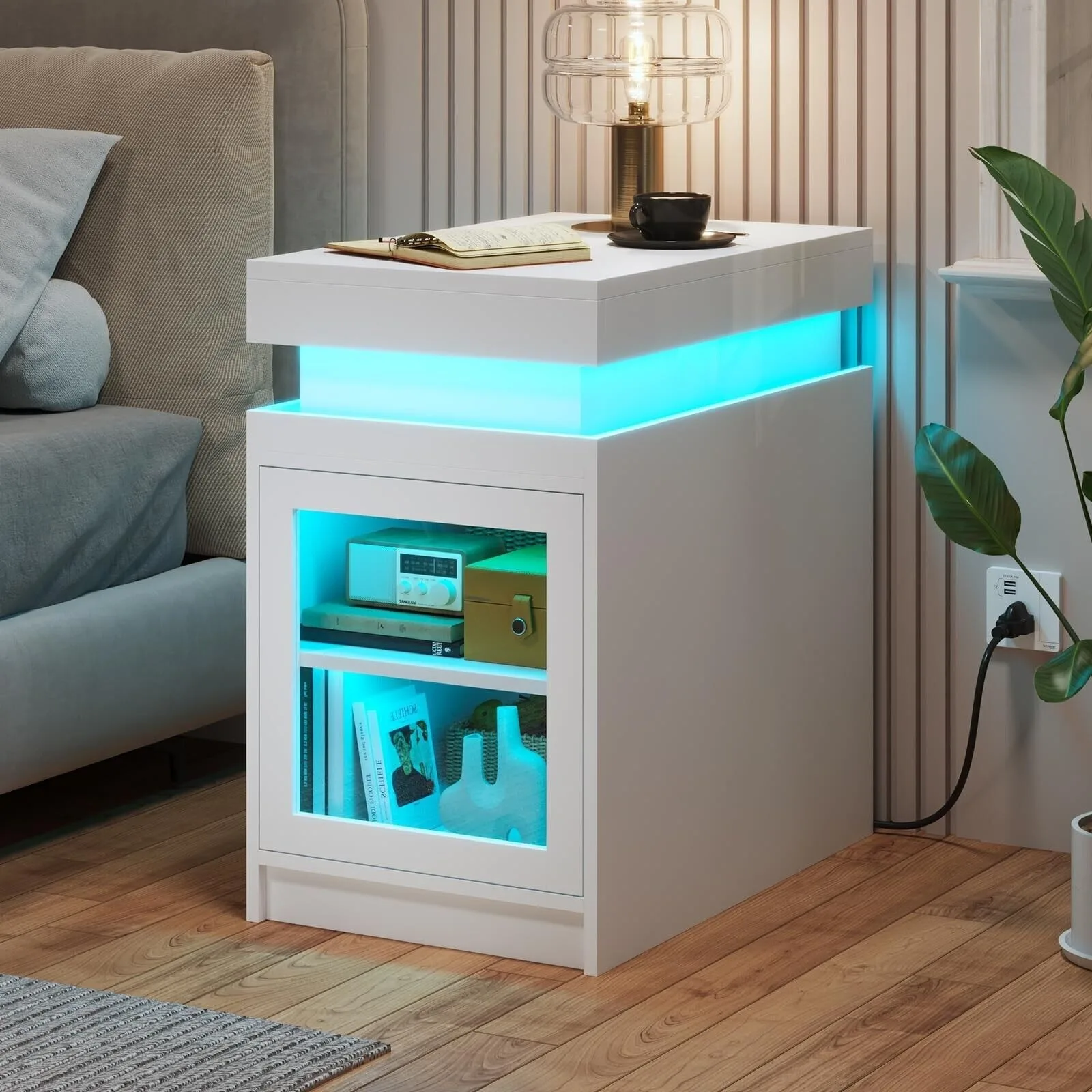 US End Table with LED Lights,Nightstand with LED Lights and Sliding Top,White