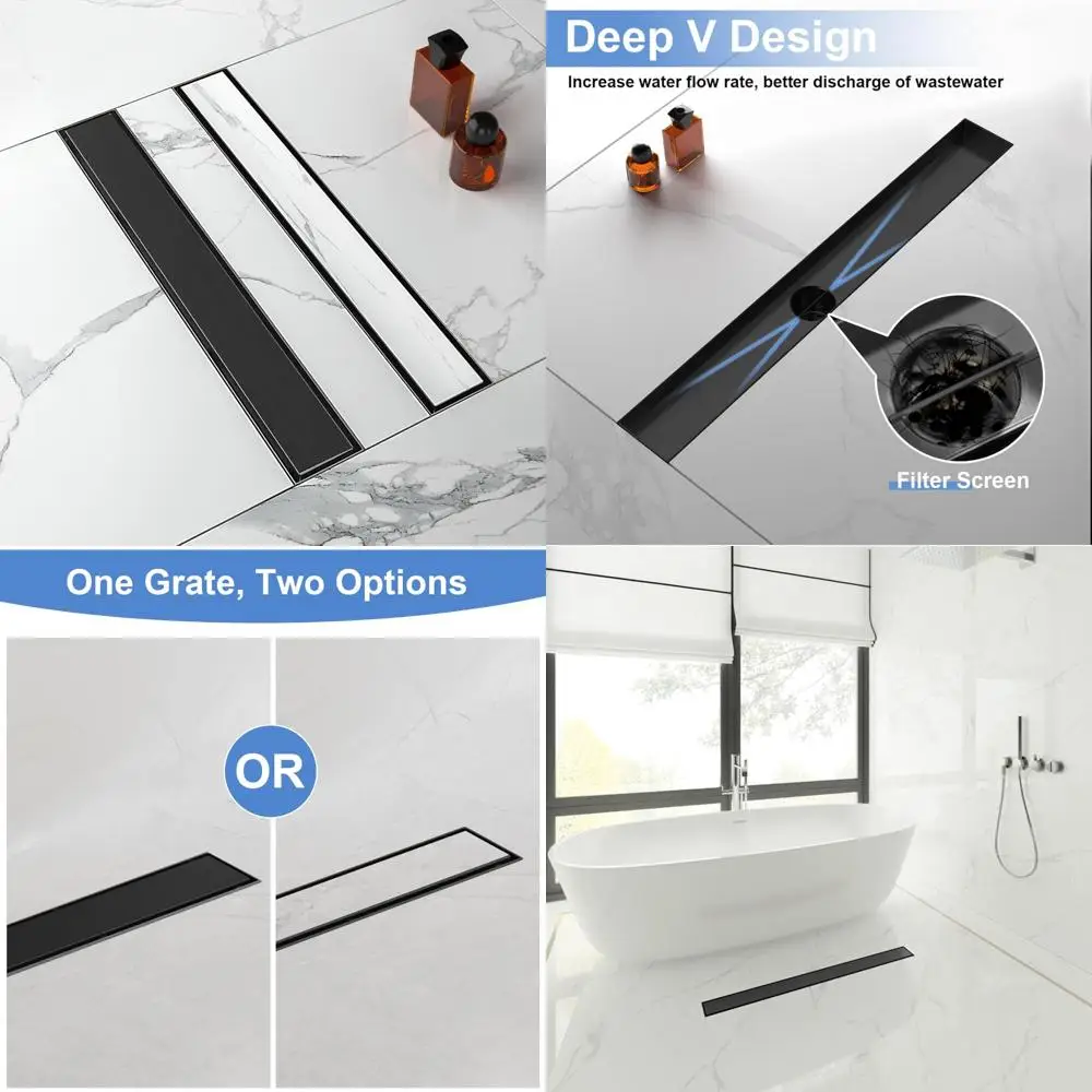 

Matte Black 36-Inch Long Rectangle Linear Shower Drain with Tile Insert Grate, SUS 304 Stainless Steel Floor Drain for Modern Ba