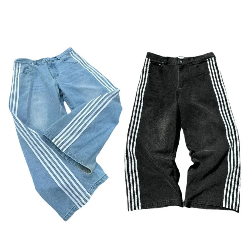 High Quality Embroidered Striped Harajuku Sweatpants Y2K Baggy Jeans Men Women Hip Hop Streetwear Casual Mopping Wide Leg Denim