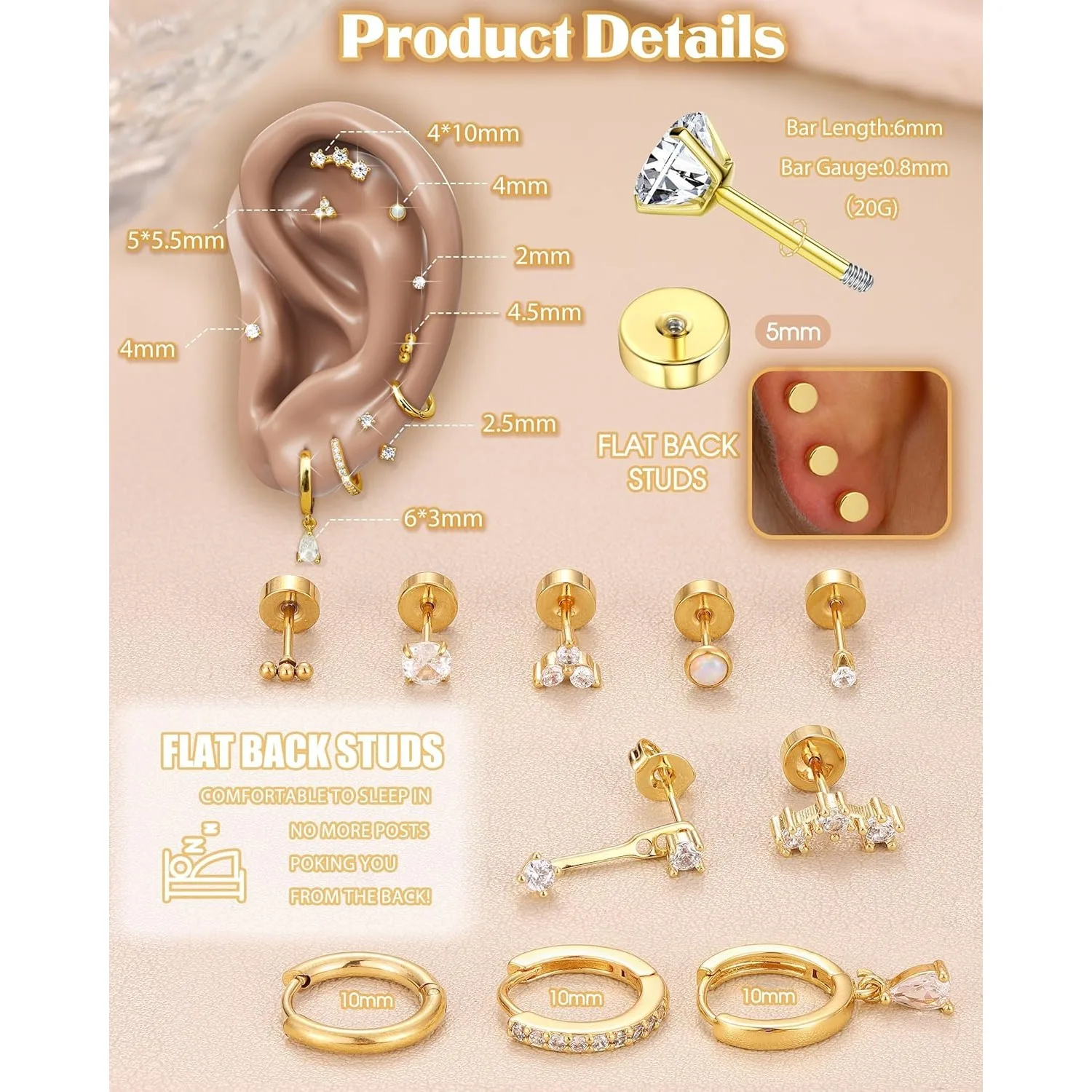 Florideco Flat Back Earrings 14K Gold Plated Cartilage Earring for Multiple Piercing Surgical Stainless Steel Earrings for Women