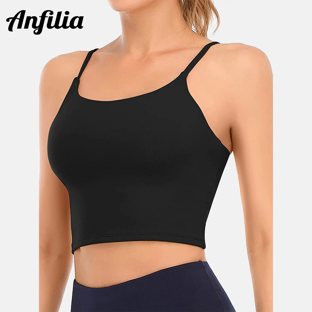 Anfilia Women's Sports Bras Longline Medium Support Padded Yoga Crop Tank Top with Bra Padded