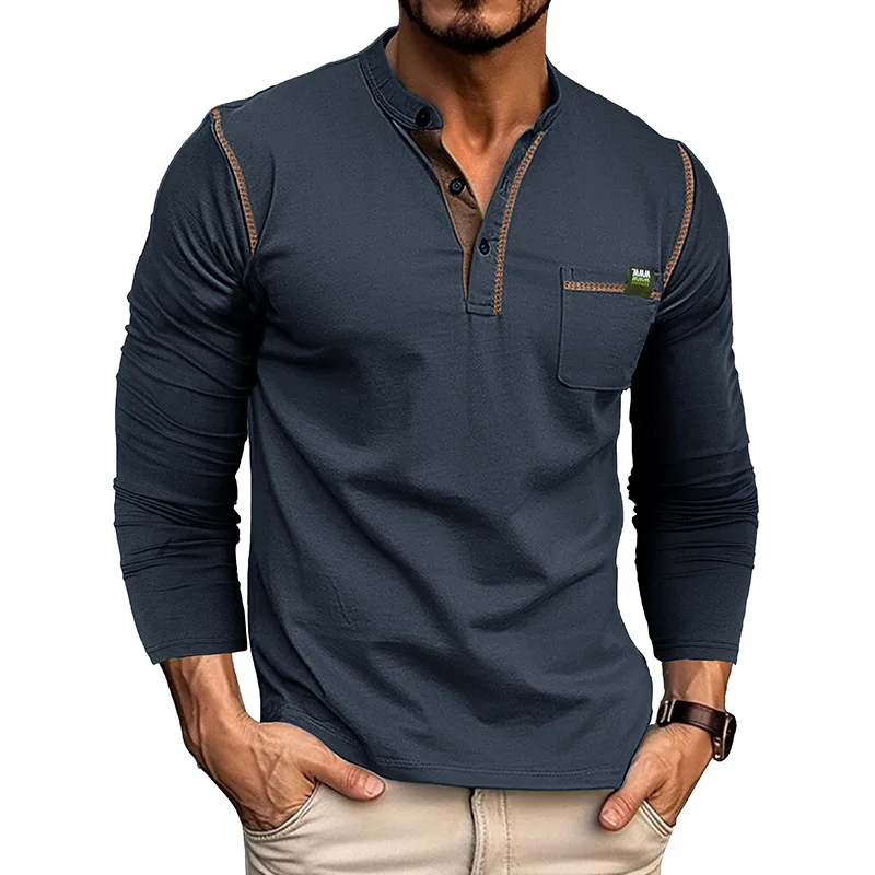 

Men Long Sleeve T-Shirts 2024 Spring Autumn Button Henley Collar Pullovers Fashion Pocket Tops Soft Cotton Male Casuasl Tees