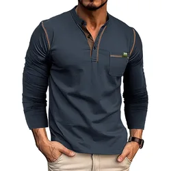 Men Long Sleeve T-Shirts 2026 Spring Autumn Button Henley Collar Pullovers Fashion Pocket Tops Soft Cotton Male Casuasl Tees