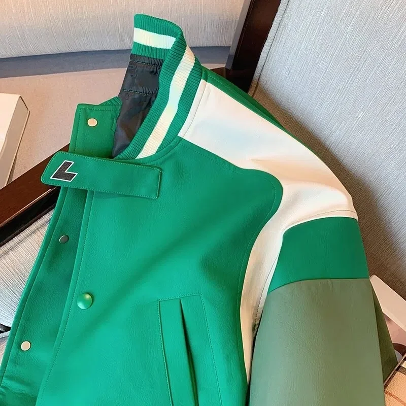 Baseball Green Leather Jacket Women Spring Autumn Chic Fashionable Motorcycle Style Short PU Coat Trend