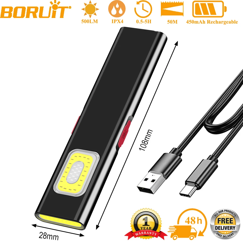 

BORUiT Portable LED Flashlight with Magnet Type-C Rechargeable Work Light with Clip Waterproof Torch for Outdoor Camping Hiking