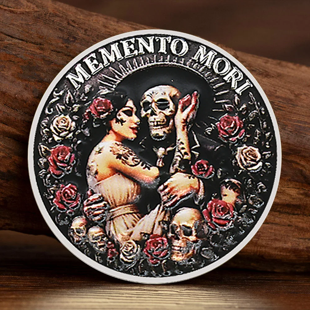 Halloween Memento Mori Collectible Coin - Gothic Dark Skeleton Rose Couple Silvery Plated Commemorative Coin