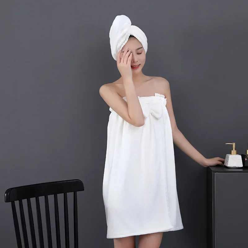 

Korean Style White Coral Velvet Lace Bath Skirt with Dry Hair Cap That Absorbs Water and Thickens High-end Household Bath Towels