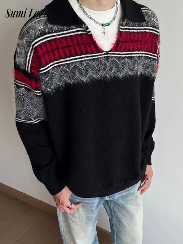 

Повседневный вязаный свитер-поло контрастного цвета, винтажные свитера с отложным воротником и длинными рукавами, мужские модные полосатые вязаные джемперы