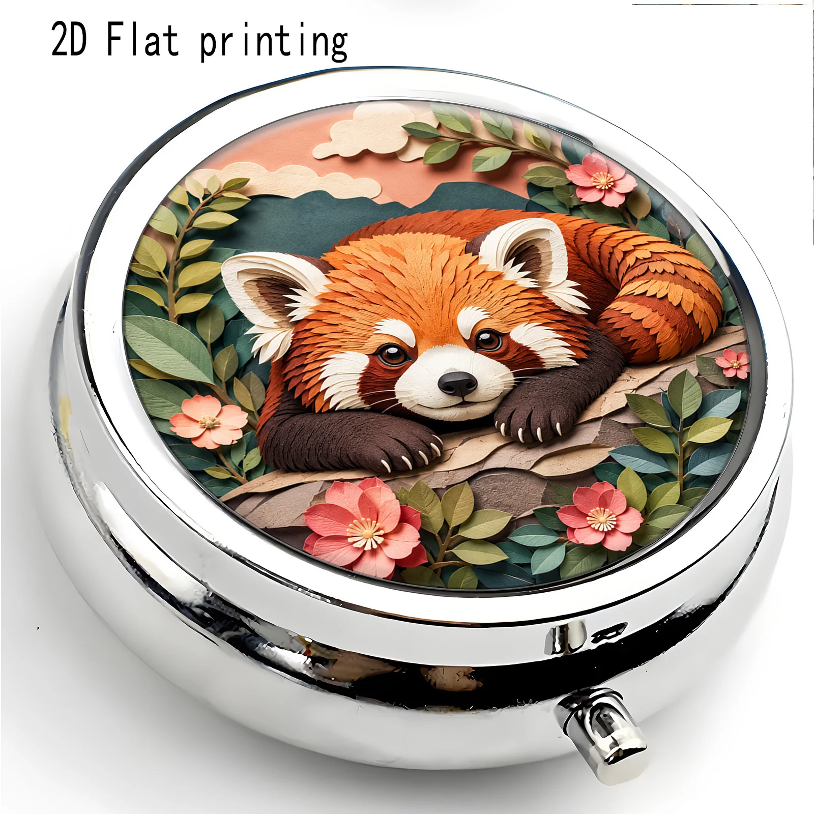 Single-piece, flat, with a red panda pattern among green leaves and flowers, round three-compartment small box, portable pill box, small accessory storage box, suitable for handbags or travel, a good holiday souvenir, flat