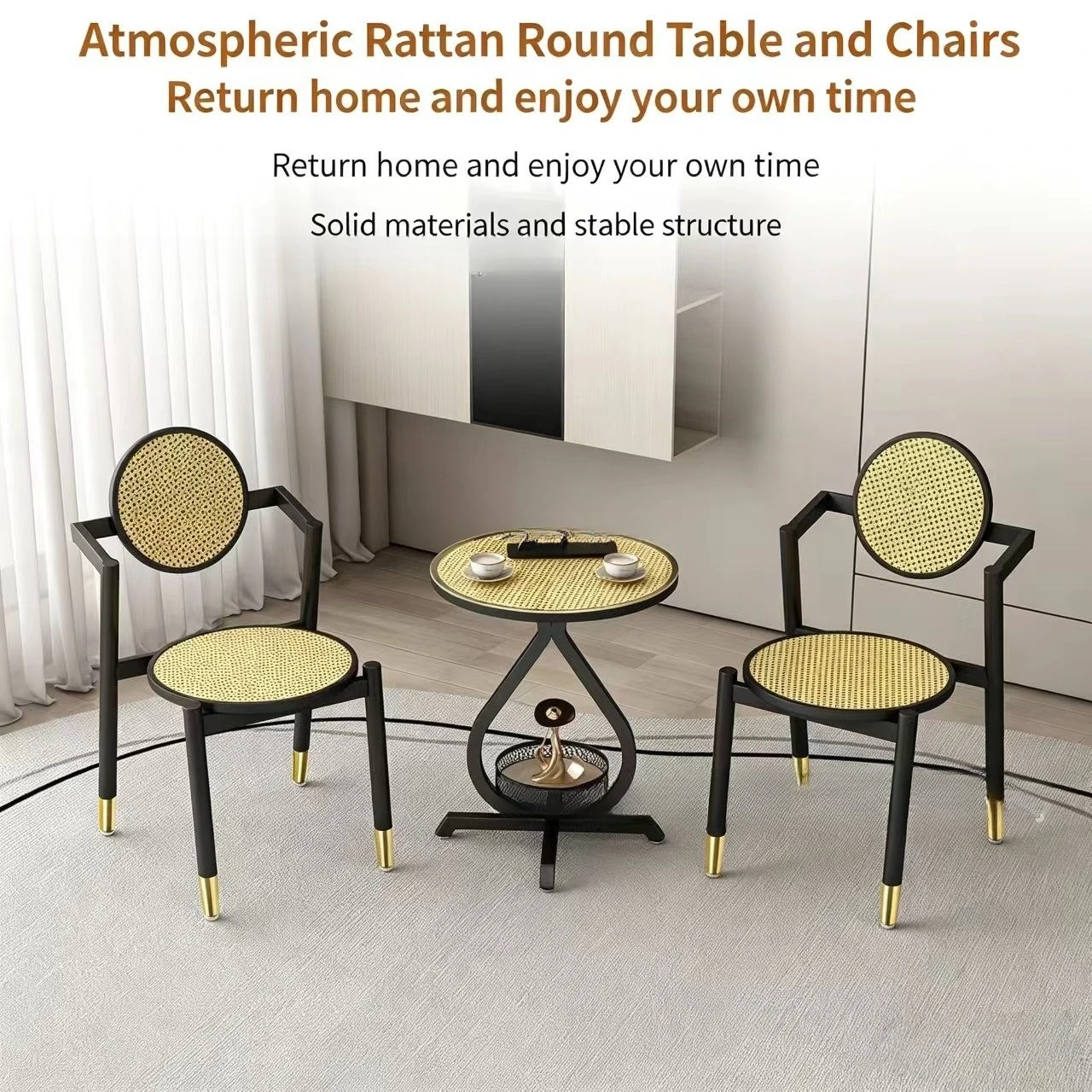 Retro rattan casual table and chair combination, wind balcony tea table and chairs, home lazy back chair