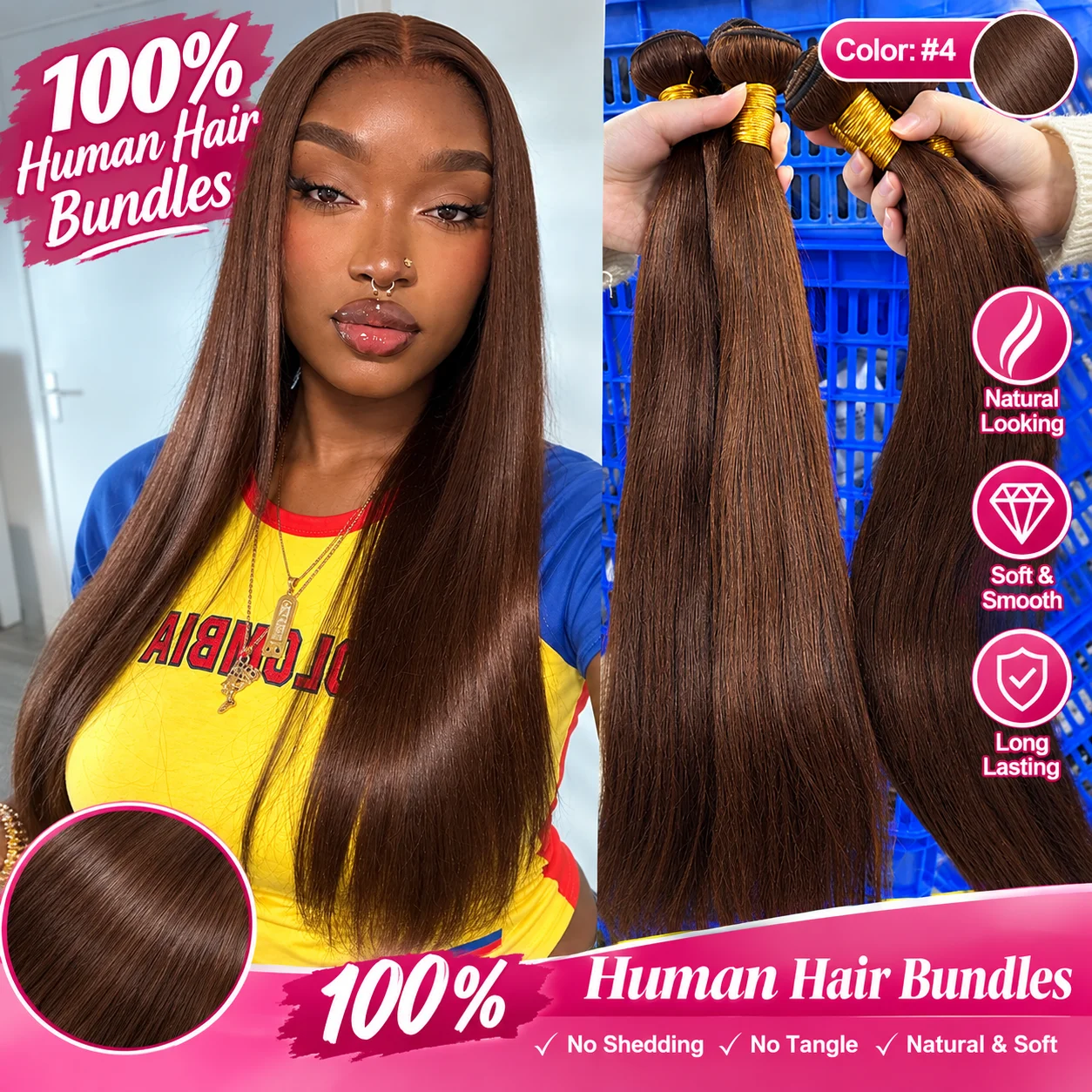 Fasci di capelli umani 100% capelli umani, fasci di capelli lisci per infoltimento per donne di colore # 4 Extension di capelli naturali marroni vergini, spesse, con punte folte, morbide, setose,