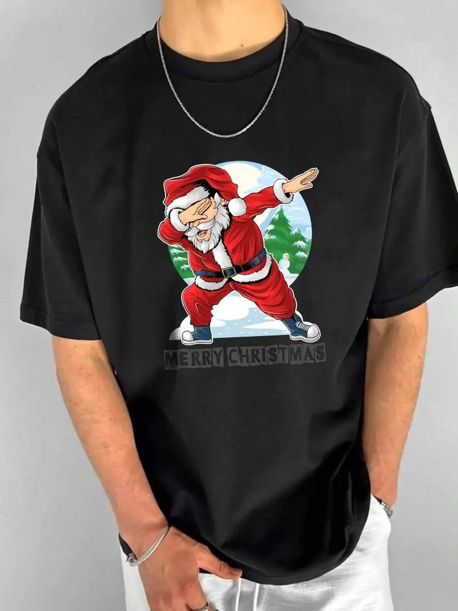 Plus Size Men Santa Claus Graphic Round Neck Short Sleeve T-Shirt, Suitable For Street, Outdoor, Holiday, Daily Commute, 100%