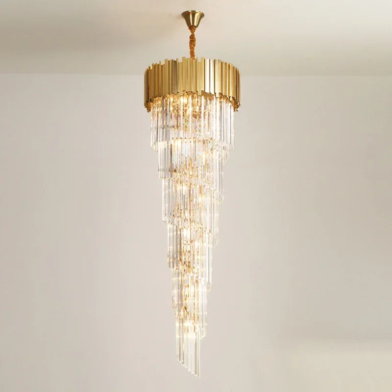 

2024 Large staircase gold crystal chandelier luxury home decor hang light fixture modern villa foyer long cristal lamp