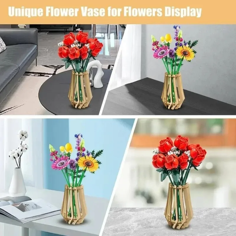 diy wooden stand for lego flowers set - roses cherry blossoms sunflowers tulips daffodils lotus home decorative craft gift