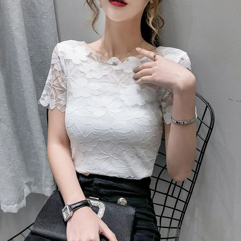 Elegant Sexy Chic Lace Slim Solid Short Sleeve Office Lady Basic Tops Summer Korean Fashion Women\'s O Neck T-shirts Clothing2023