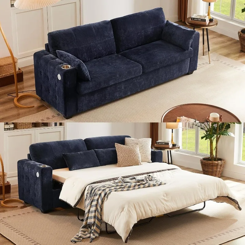 Pull Out Sofa Bed, Chenille Queen Size Sleeper Sofa Bed with Cup Holder, USB Port, 83 inch 2-in-1 Convertible Couch Bed with Mem
