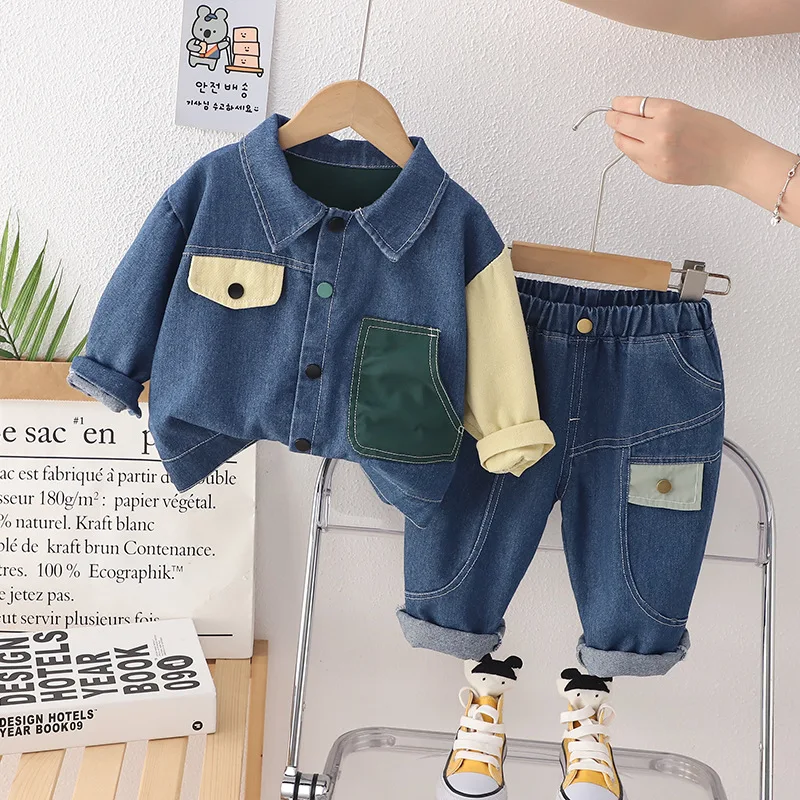 New 0-5 Years Boy Color Matching Long-sleeved Suit in The Children's Denim Jacket Casual Pants Children Twopiece Set