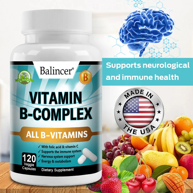 Vitamin B Complex Capsules with Vitamin C & Folic Acid, Antioxidant, Daily Energy Metabolism & Body Immune Wellness Support